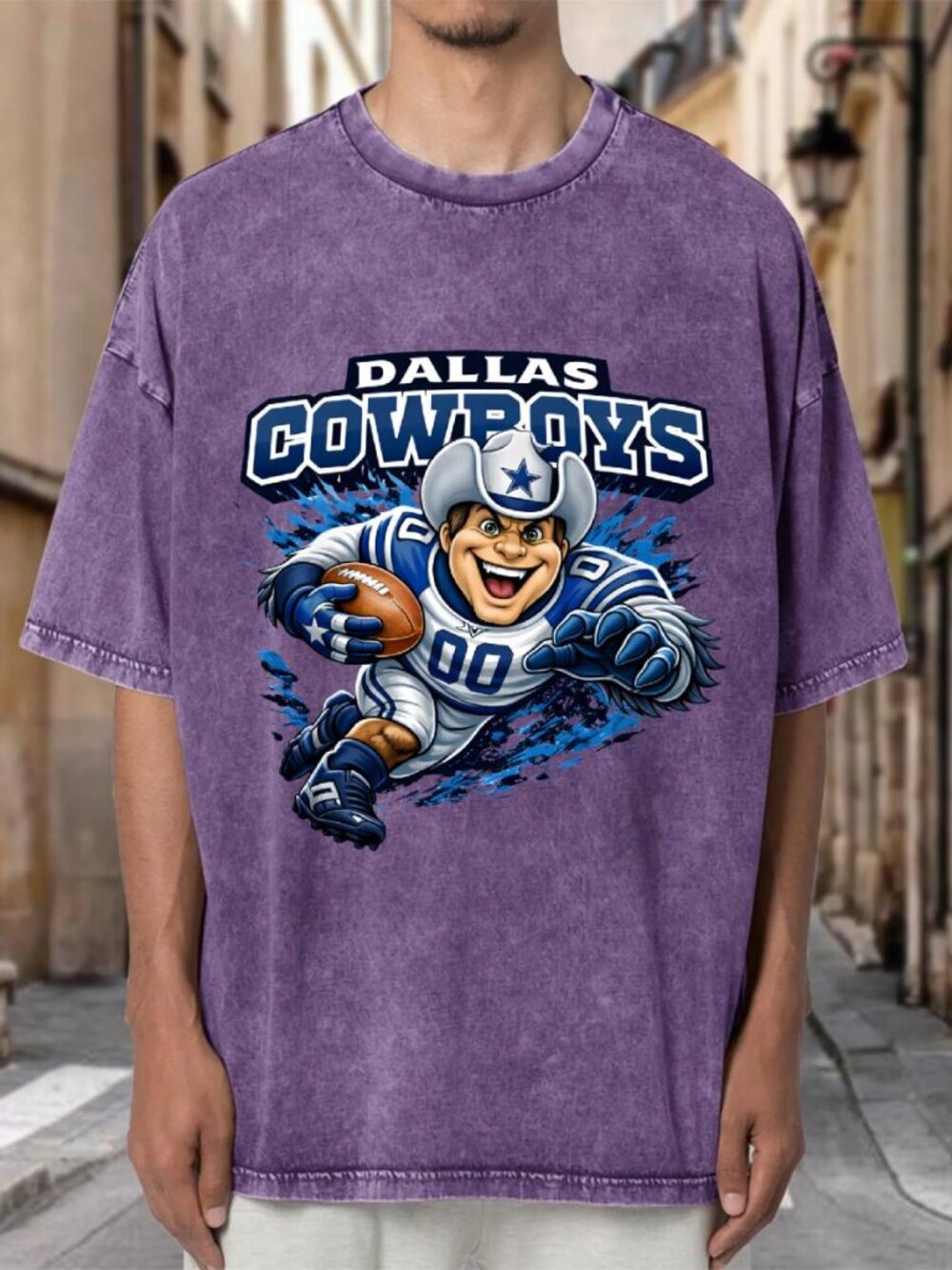 Dallas Cowboys Cartoon Mascot NFL Purple Mineral Wash Oversized Tee IX7QZ483OW04